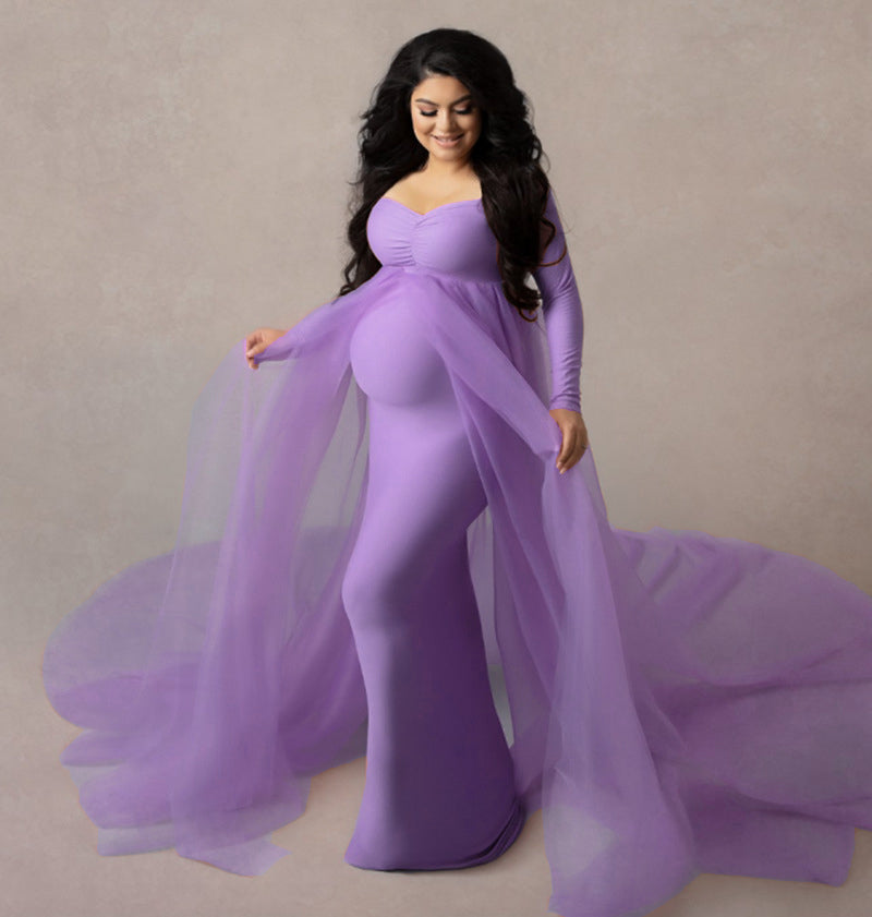 Elegant Long Sleeve Floor Maternity Dress for Photoshoot, Light Purple / XL Elegant Long Sleeve Floor Maternity Dress for Photoshoot, Light Purple / XL