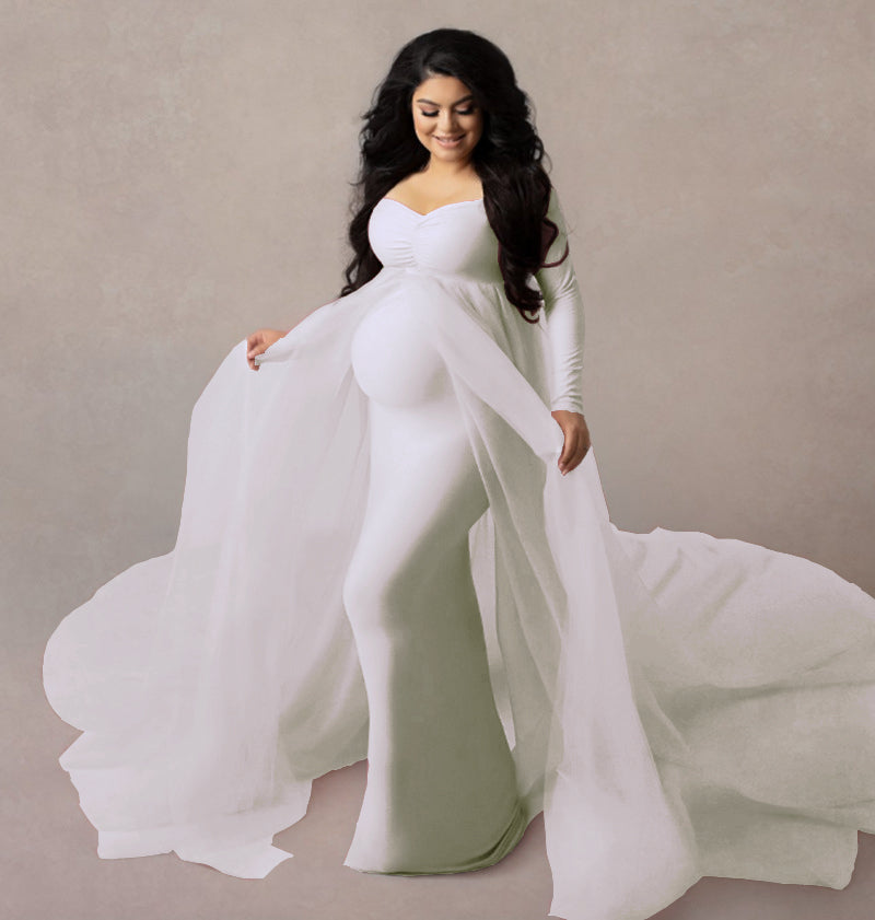 Elegant Long Sleeve Floor Maternity Dress for Photoshoot, White / XL Elegant Long Sleeve Floor Maternity Dress for Photoshoot, White / XL