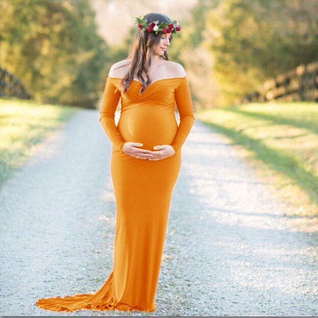 Elegant Off Shoulder Maternity Photoshoot Dress, Orange / XL Elegant Off Shoulder Maternity Photoshoot Dress, Orange / XL