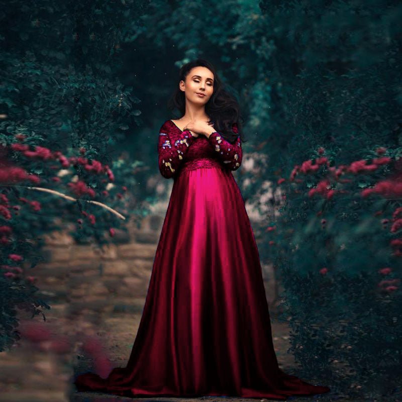 Gorgeous A-Line Lace Maternity Photoshoot Gown, Wine Red / L Gorgeous A-Line Lace Maternity Photoshoot Gown, Wine Red / L