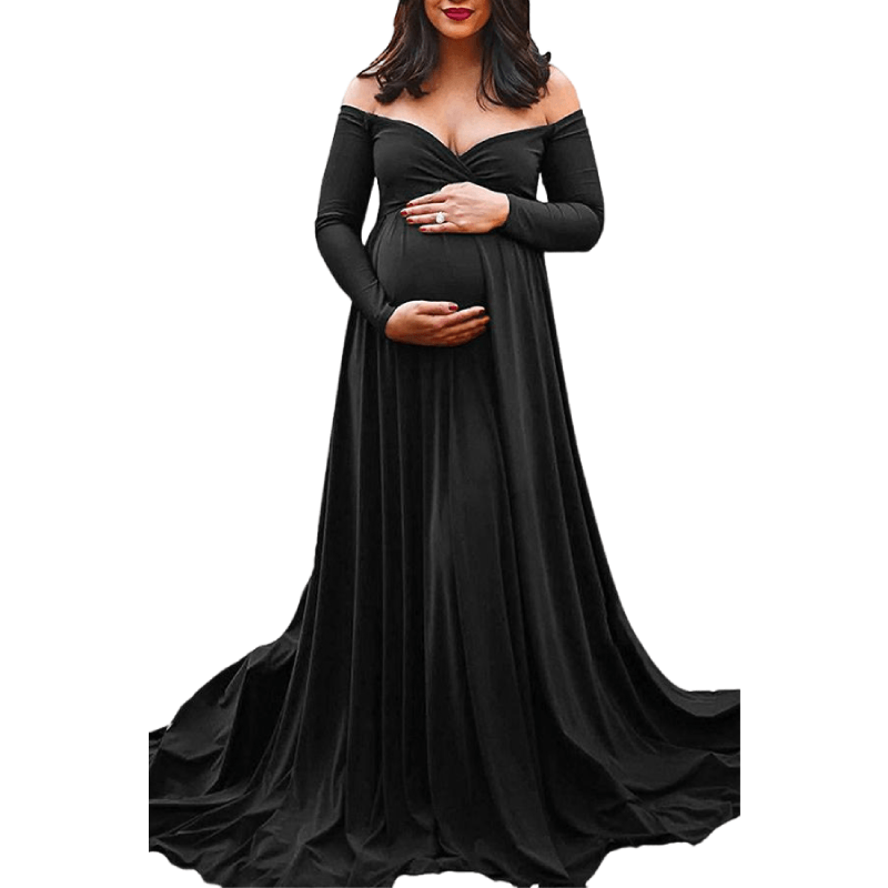 Gorgeous Off-the-shoulder A-line Maternity Photoshoot Dress, Black / S Gorgeous Off-the-shoulder A-line Maternity Photoshoot Dress, Black / S