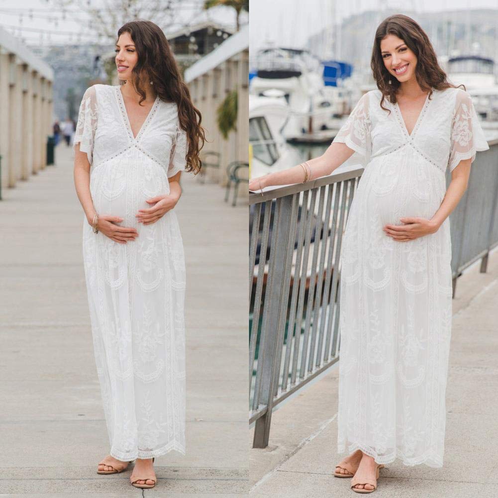 Lace Mesh Maternity Summer Maxi Dresses, White / XL Lace Mesh Maternity Summer Maxi Dresses, White / XL