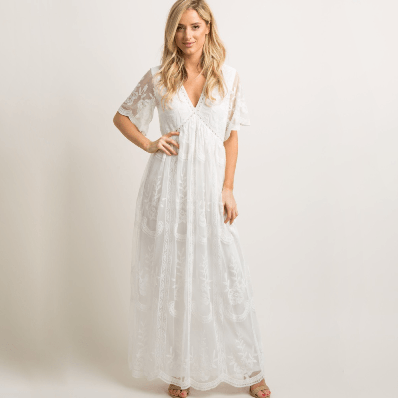 Baby Exo Lace Mesh Maternity Summer Maxi Dresses - Maternity Summer Dresses-msd2204021-White • S
