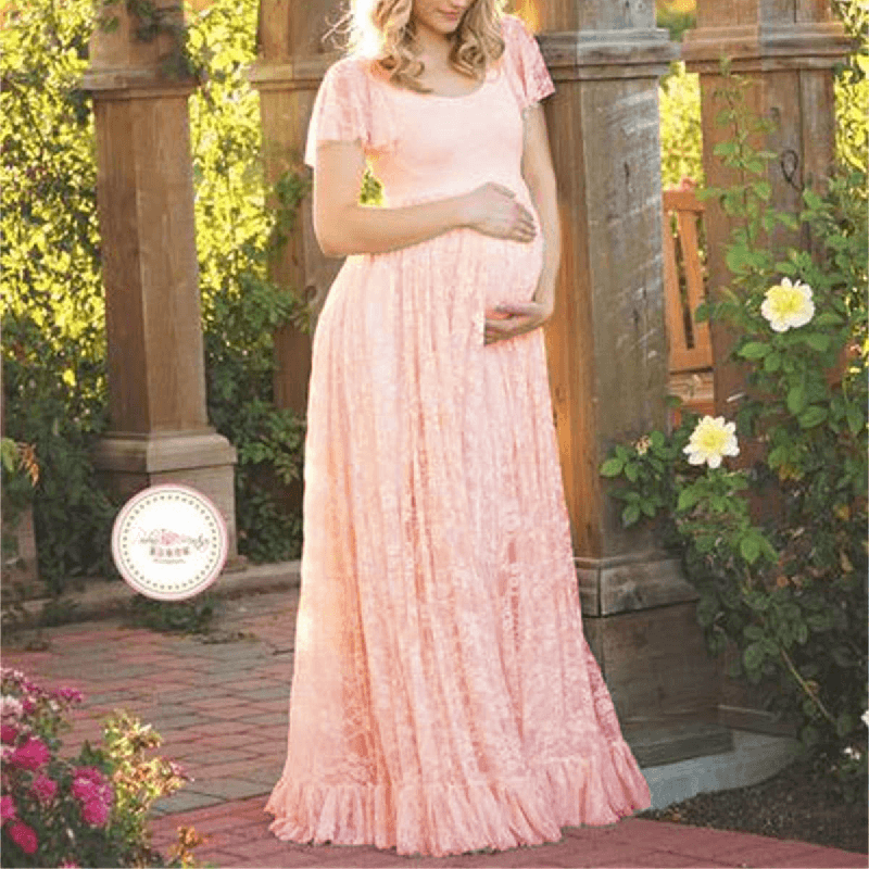 Lace Scoop Maternity Photoshoot Long Dress with Sleeves, Pink / XL Lace Scoop Maternity Photoshoot Long Dress with Sleeves, Pink / XL