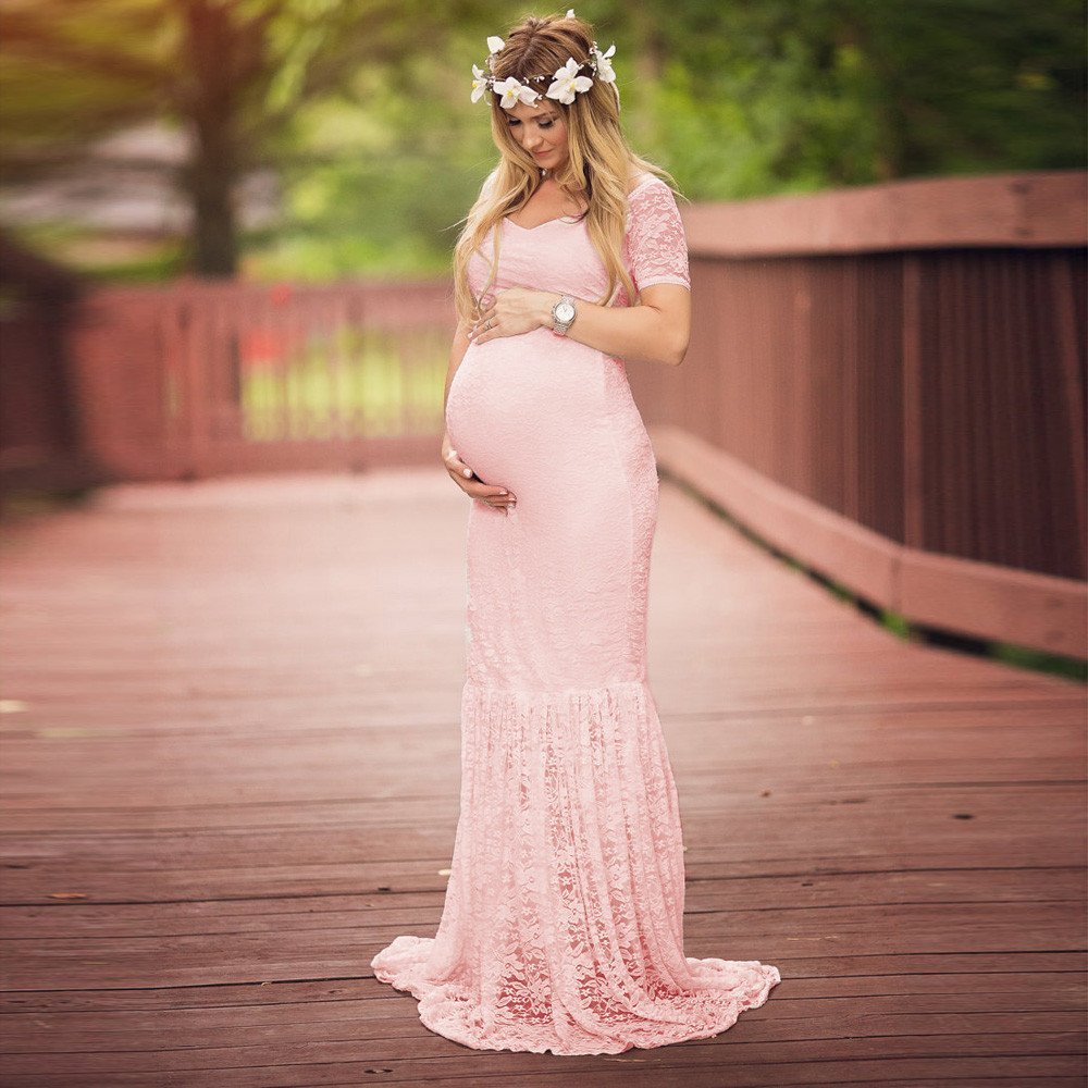 Maternity Mermaid Maxi Wedding Dress with V Neck Lace, White / S Maternity Mermaid Maxi Wedding Dress with V Neck Lace, White / S