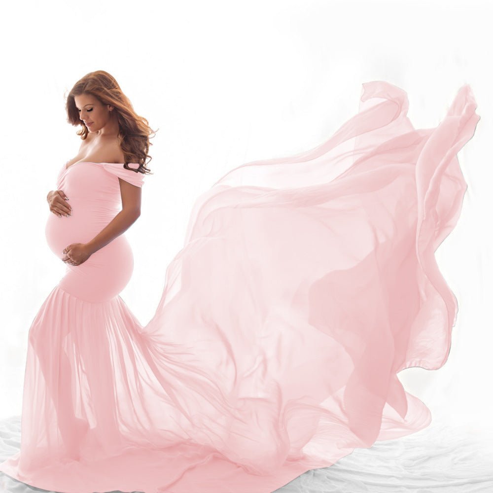 Baby Exo Maternity Off Shoulder Chiffon Maxi Dress for Photoshoot - Maternity Photoshoot Dress-mpd220401-Pink