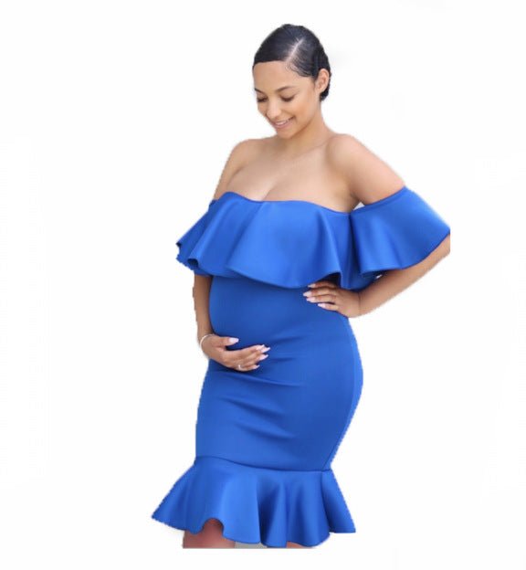 Off Shoulder Maternity Summer Dress with Mermaid Hem Pregnancy Skirt, Blue / S Off Shoulder Maternity Summer Dress with Mermaid Hem Pregnancy Skirt, Blue / S