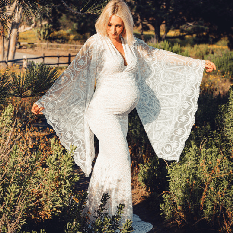 Lace V Neck Pregnant Photography Dresses Long Sleeve Elegant 2021 XL / White Lace V Neck Pregnant Photography Dresses Long Sleeve Elegant 2021 XL / White