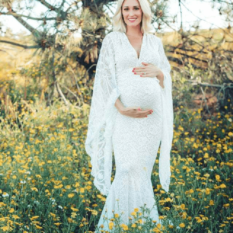 Lace V Neck Pregnant Photography Dresses Long Sleeve Elegant 2021 XL / White Lace V Neck Pregnant Photography Dresses Long Sleeve Elegant 2021 XL / White
