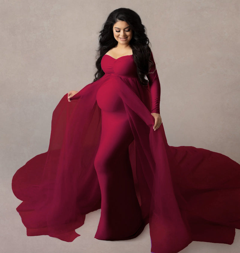 Elegant Long Sleeve Floor Maternity Dress for Photoshoot, Wine Red / XXL Elegant Long Sleeve Floor Maternity Dress for Photoshoot, Wine Red / XXL
