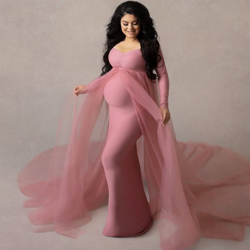 Elegant Long Sleeve Floor Maternity Dress for Photoshoot Baby