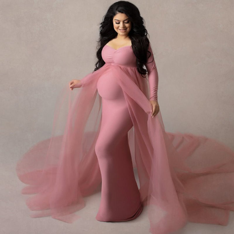 Baby Exo Elegant Long Sleeve Floor Maternity Dress for Photoshoot