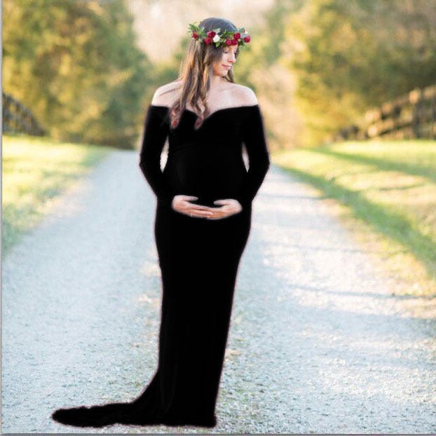 Elegant Off Shoulder Maternity Photoshoot Dress, Black / S