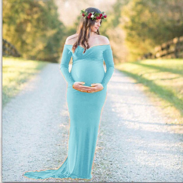 Elegant Off Shoulder Maternity Photoshoot Dress, Light Blue / M Elegant Off Shoulder Maternity Photoshoot Dress, Light Blue / M