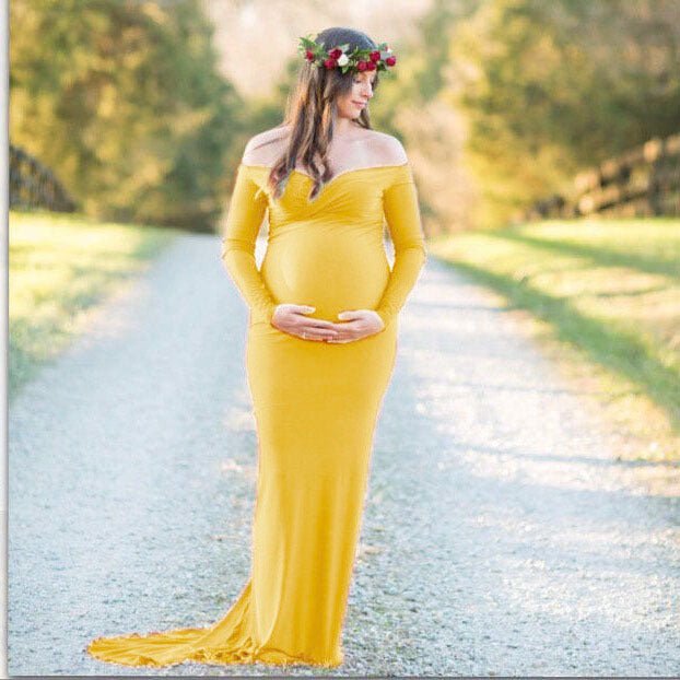 yellow off the shoulder maternity dress Saslax Maternity Off Shoulder Long Sleeve Gown Photo Shoot Maxi Dress L Yellow