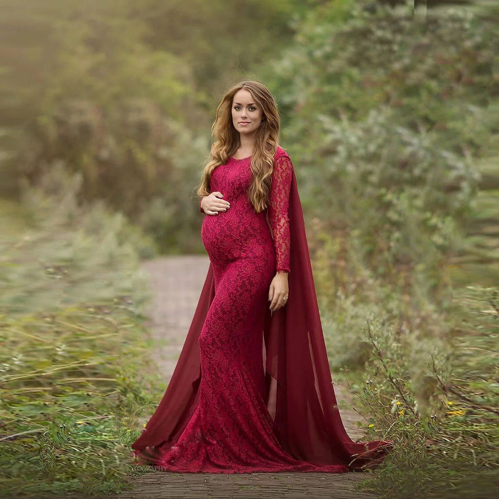 Baby Exo Fabulous Lace Mermaid Caped Wedding Gown With Sleeves - Maternity Wedding Dress-mwd2204029-red/s