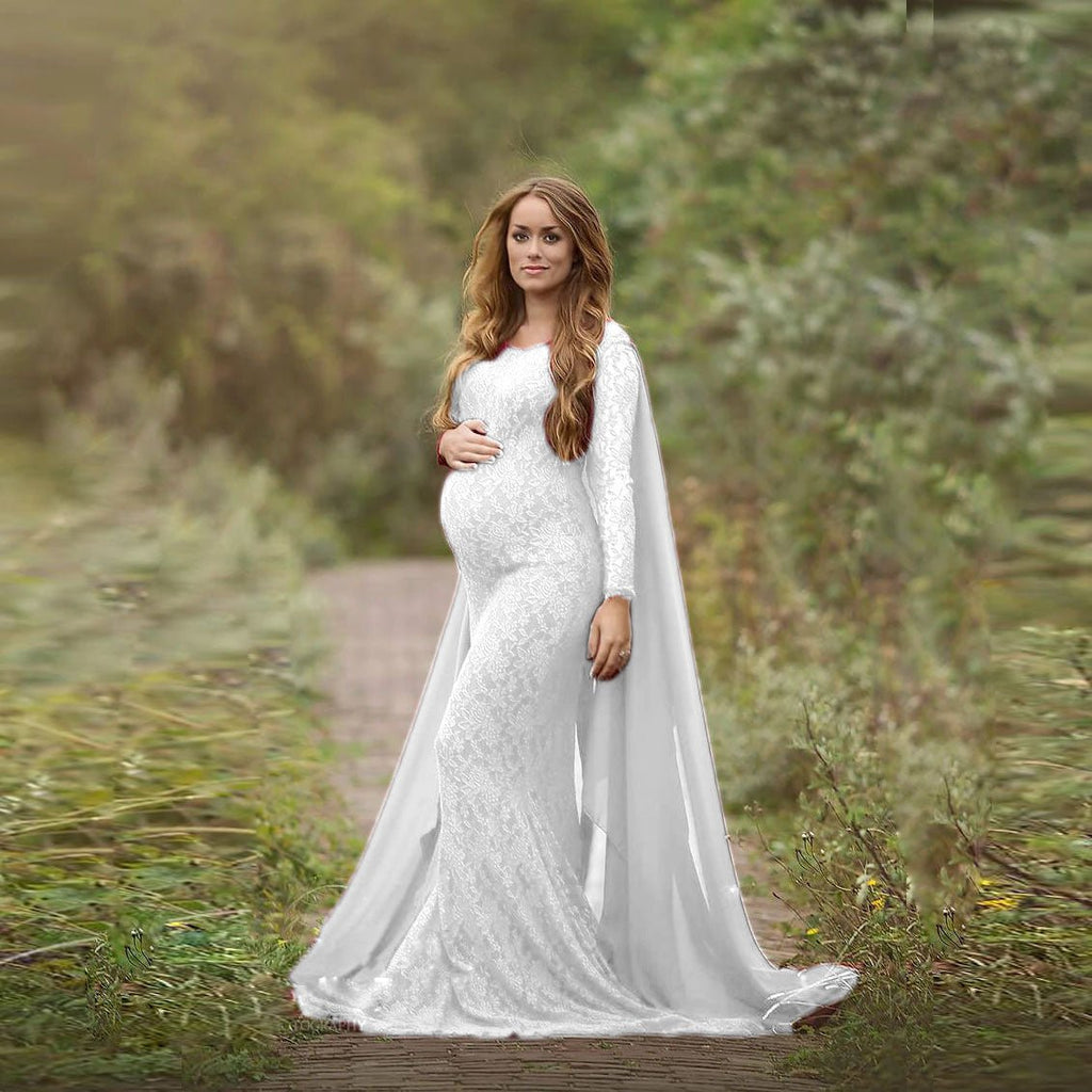 Fabulous Lace Mermaid Caped Wedding Gown With Sleeves, White / XL Fabulous Lace Mermaid Caped Wedding Gown With Sleeves, White / XL