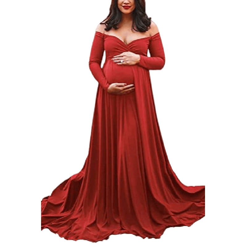 Maternity Off Shoulder Long Sleeve Dress Elegant Solid Color Gown for Photography & Special Occasions, Red / XL Maternity Off Shoulder Long Sleeve Dress Elegant Solid Color Gown for Photography & Special Occasions, Red / XL