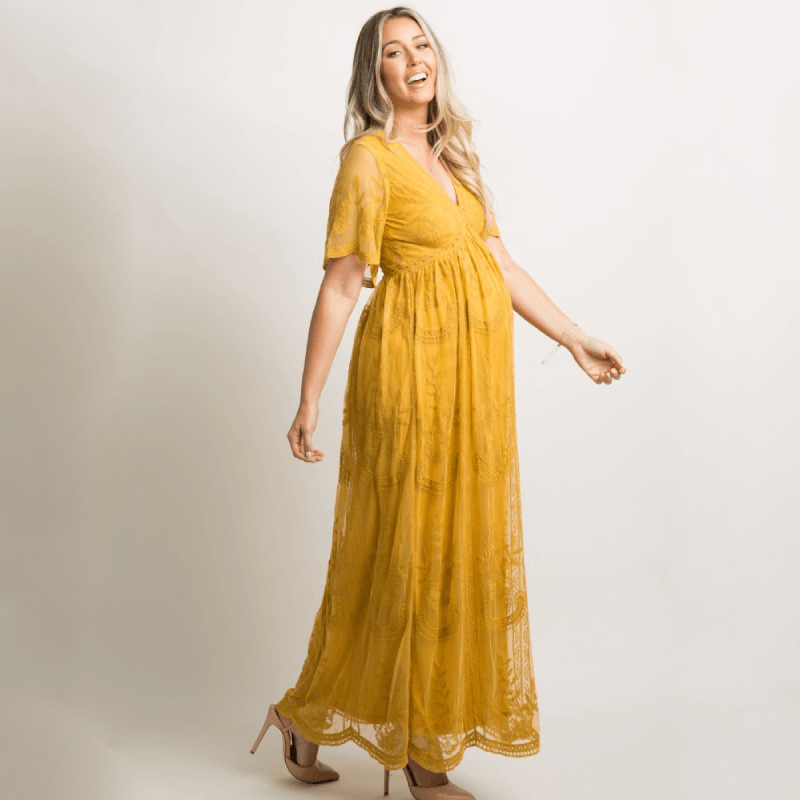 PinkBlush Mustard Lace Overlay Maternity Maxi Dress PinkBlush Mustard Lace Overlay Maternity Maxi Dress