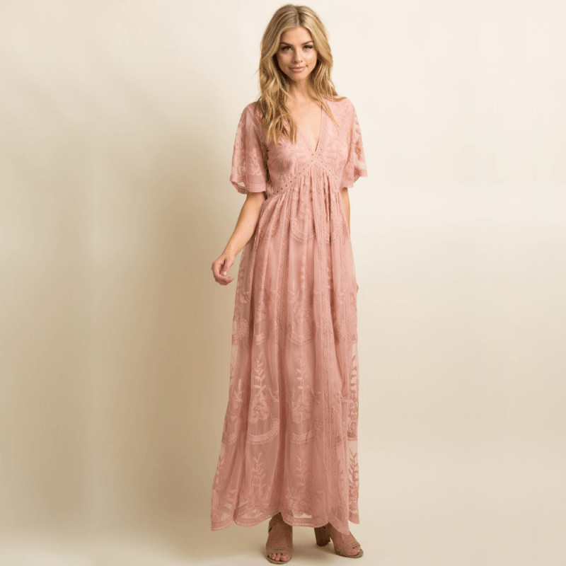 Light Pink Lace Mesh Overlay Maxi Dress