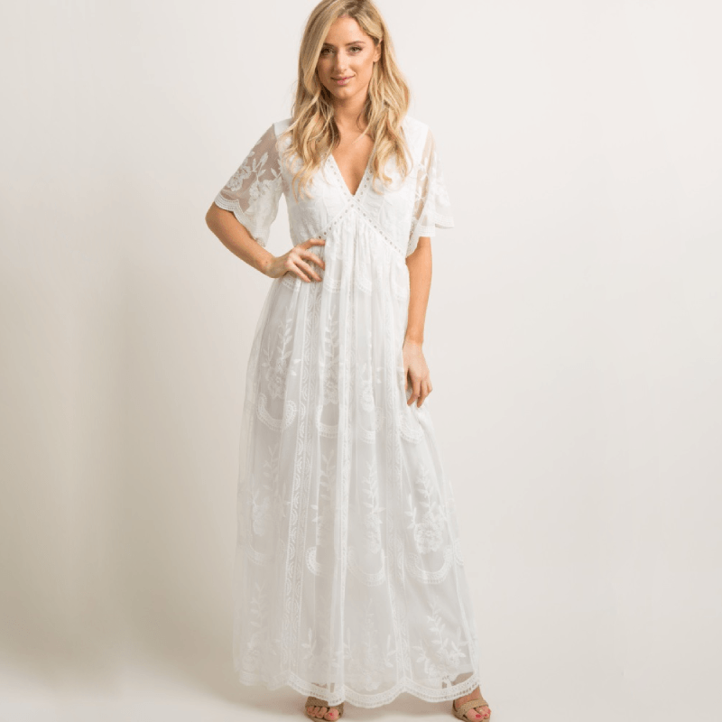 Lace Mesh Maternity Summer Maxi Dresses, White / XL Lace Mesh Maternity Summer Maxi Dresses, White / XL