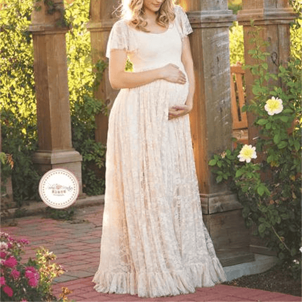 Lace Scoop Maternity Photoshoot Long Dress With Sleeves, Pink / XL