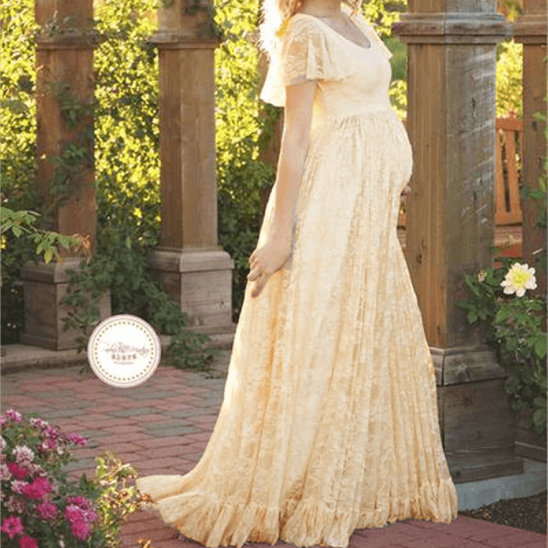 Lace Scoop Maternity Photoshoot Long Dress With Sleeves, Champagne / S Lace Scoop Maternity Photoshoot Long Dress With Sleeves, Champagne / S