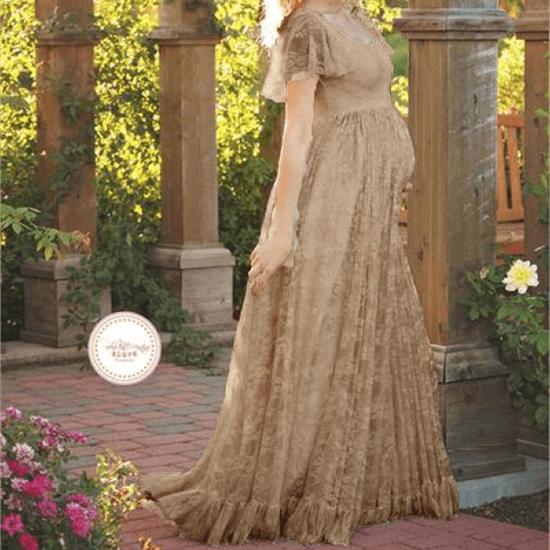 Lace Scoop Maternity Photoshoot Long Dress With Sleeves, Coffee / 2XL Lace Scoop Maternity Photoshoot Long Dress With Sleeves, Coffee / 2XL