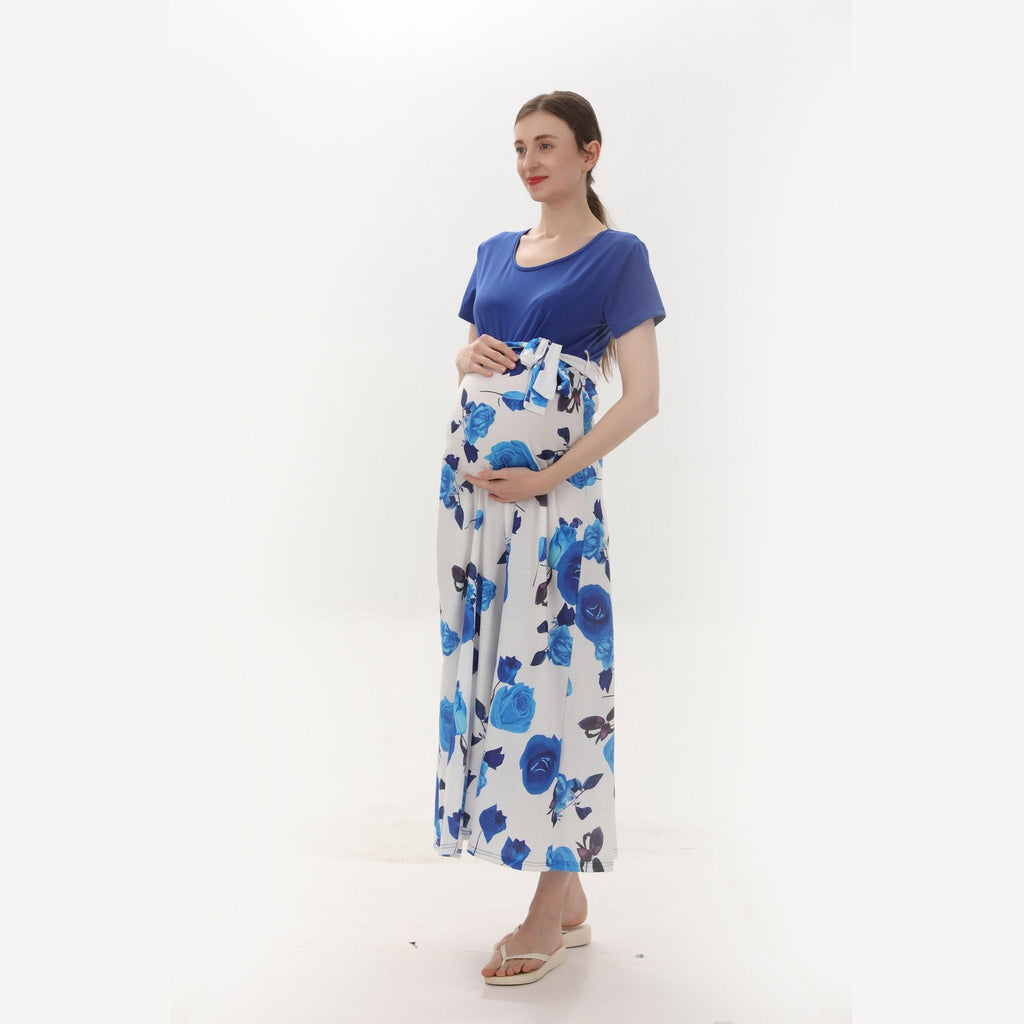 Baby Exo Maternity Blue Rose Print Round Neck Summer Dress - Maternity Summer Dresses-msd2204061-Blue • S
