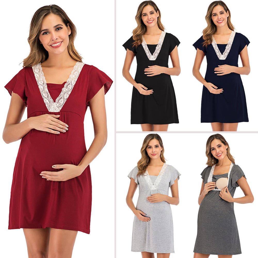 Baby Exo Maternity Fake Lace V-Neck Summer Above-knee Dress - Maternity Summer Dresses-msd2204034-Red • S