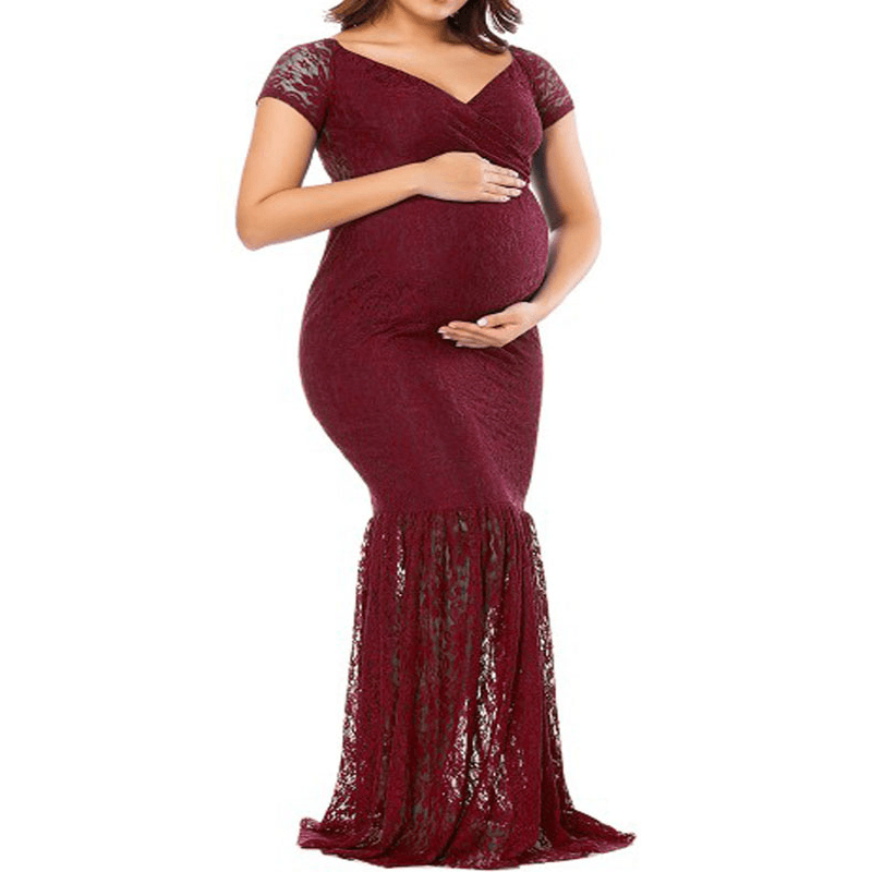 Maternity Mermaid Maxi Wedding Dress with V Neck Lace, Red / L Maternity Mermaid Maxi Wedding Dress with V Neck Lace, Red / L
