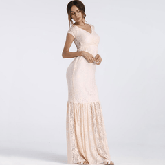 Maternity Mermaid Maxi Wedding Dress with V Neck Lace, Dark Red / XL