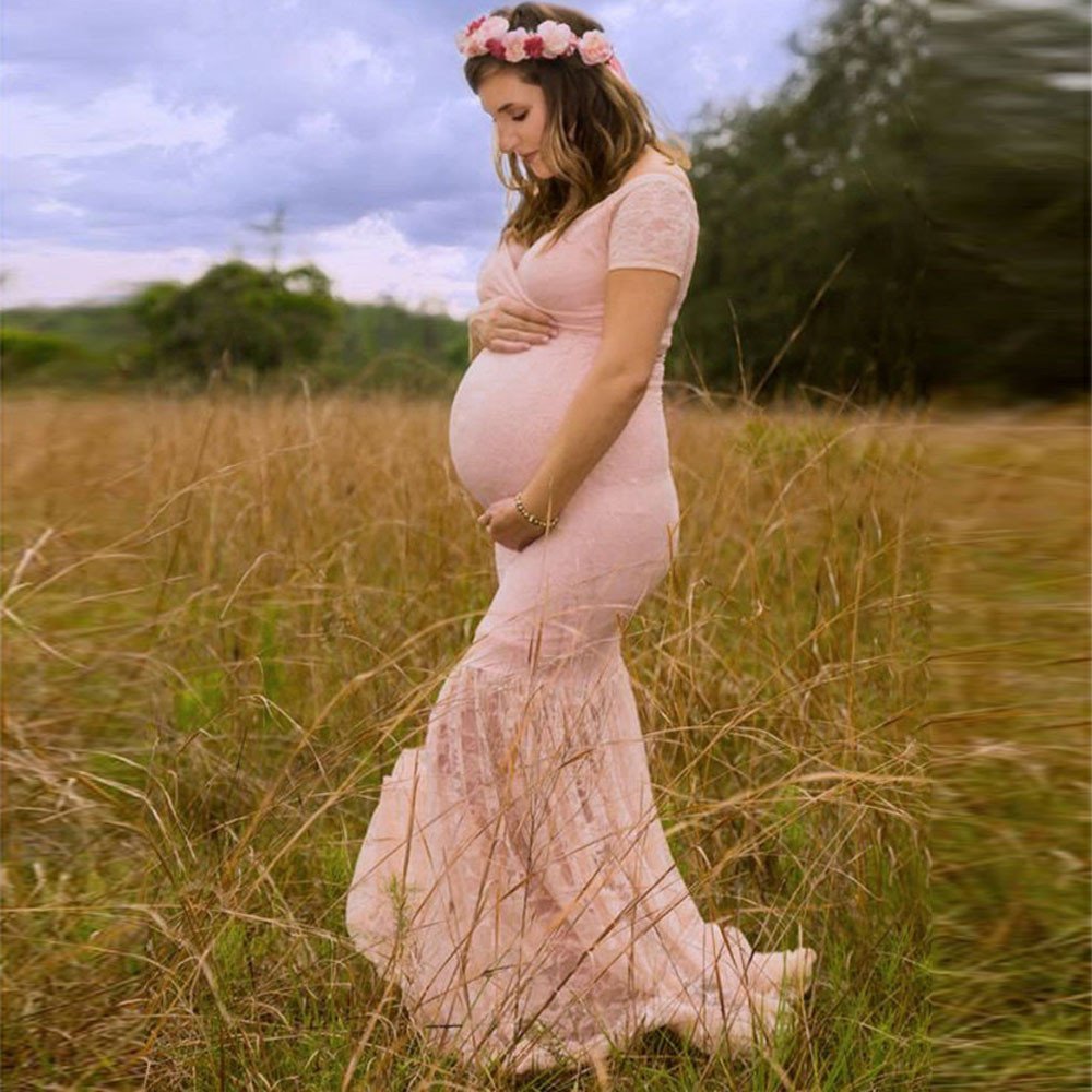Baby Exo Maternity Mermaid Maxi Wedding Dress with V Neck Lace - Maternity Wedding Dress-mwd2204023-White • S