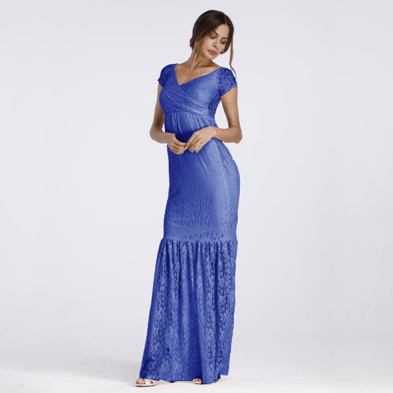 Maternity Mermaid Maxi Wedding Dress with V Neck Lace, Blue / M