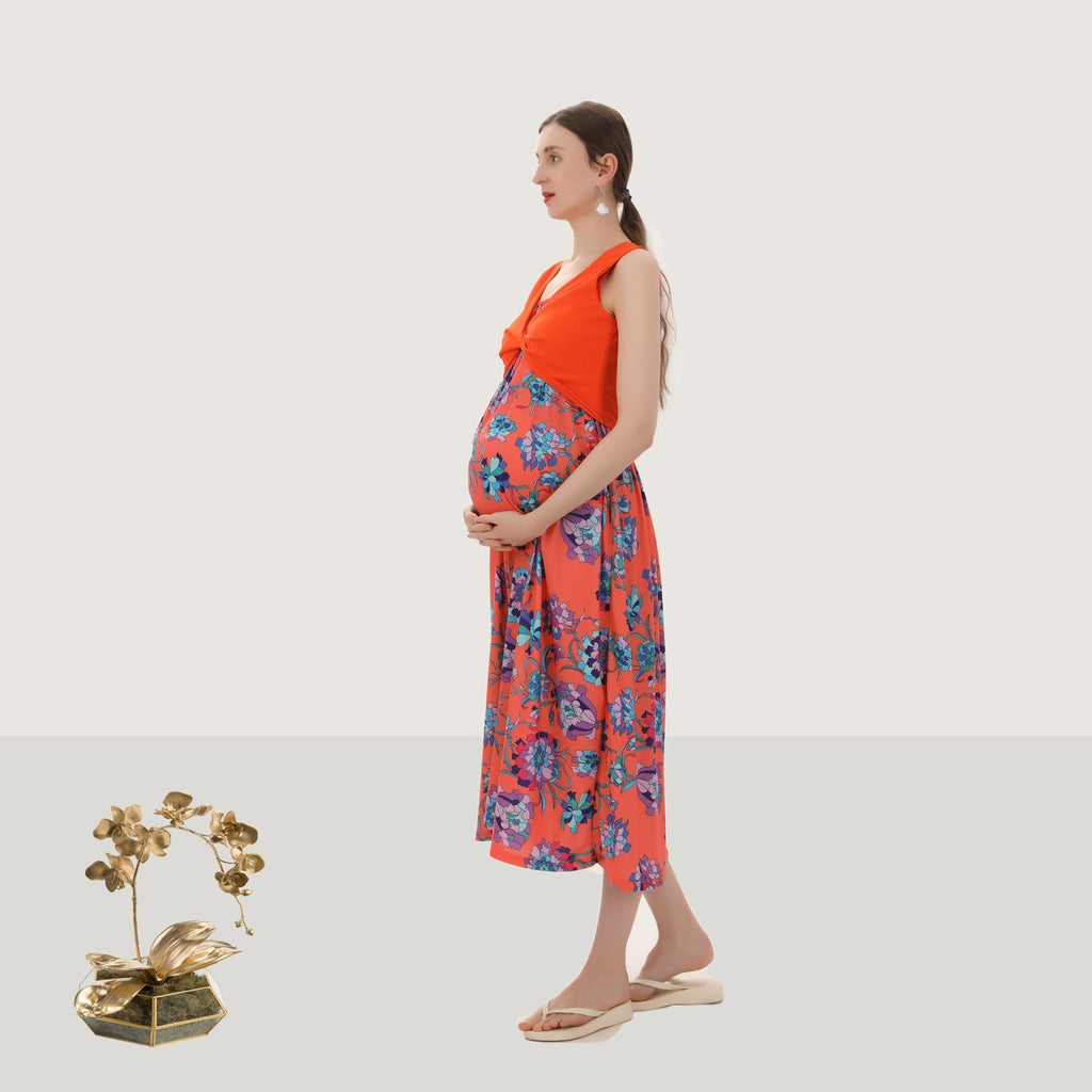 strapless open back dress Maternity Suspender Dress with Pleated Outer Wear, Orange / L