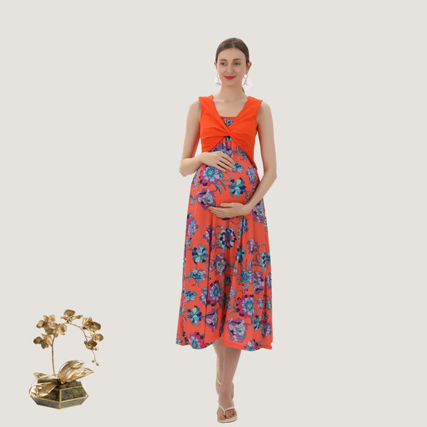 Baby Exo Maternity Suspender Dress with Pleated Outer Wear - Maternity Summer Dresses-msd22040610-orange/s