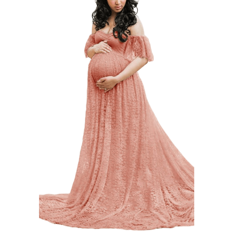 Off Shoulder Lace Maternity Photoshoot Dress, Fruit Pink / S Off Shoulder Lace Maternity Photoshoot Dress, Fruit Pink / S
