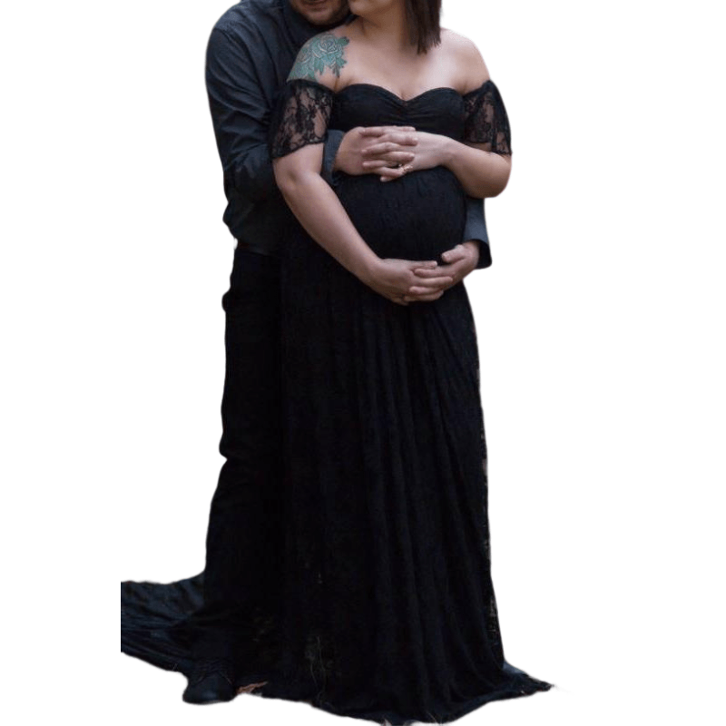 chinese dress ladies Off Shoulder Lace Maternity Photoshoot Dress, Black / M