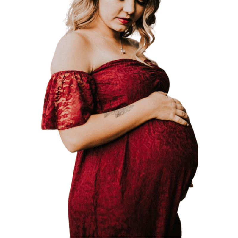 Off Shoulder Lace Maternity Photoshoot Dress, Wine Red / S Off Shoulder Lace Maternity Photoshoot Dress, Wine Red / S