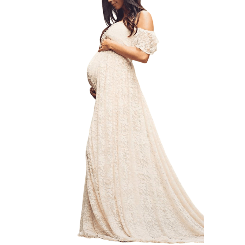 Off Shoulder Lace Maternity Photoshoot Dress, Apricot / M Off Shoulder Lace Maternity Photoshoot Dress, Apricot / M