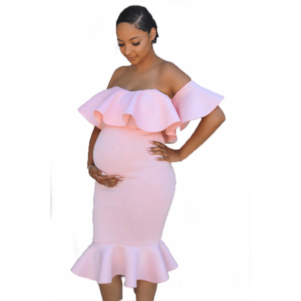 pregnancy summer dresses Off Shoulder Maternity Summer Dress with Mermaid Hem Pregnancy Skirt, Pink / XL