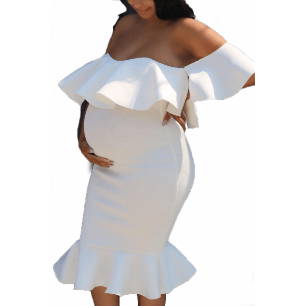 Off Shoulder Maternity Summer Dress with Mermaid Hem Pregnancy Skirt, White / S Off Shoulder Maternity Summer Dress with Mermaid Hem Pregnancy Skirt, White / S