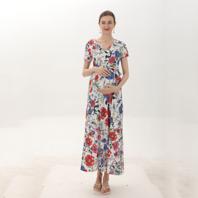 Three Style Maternity V-Neck Summer Dresses, White Print / S