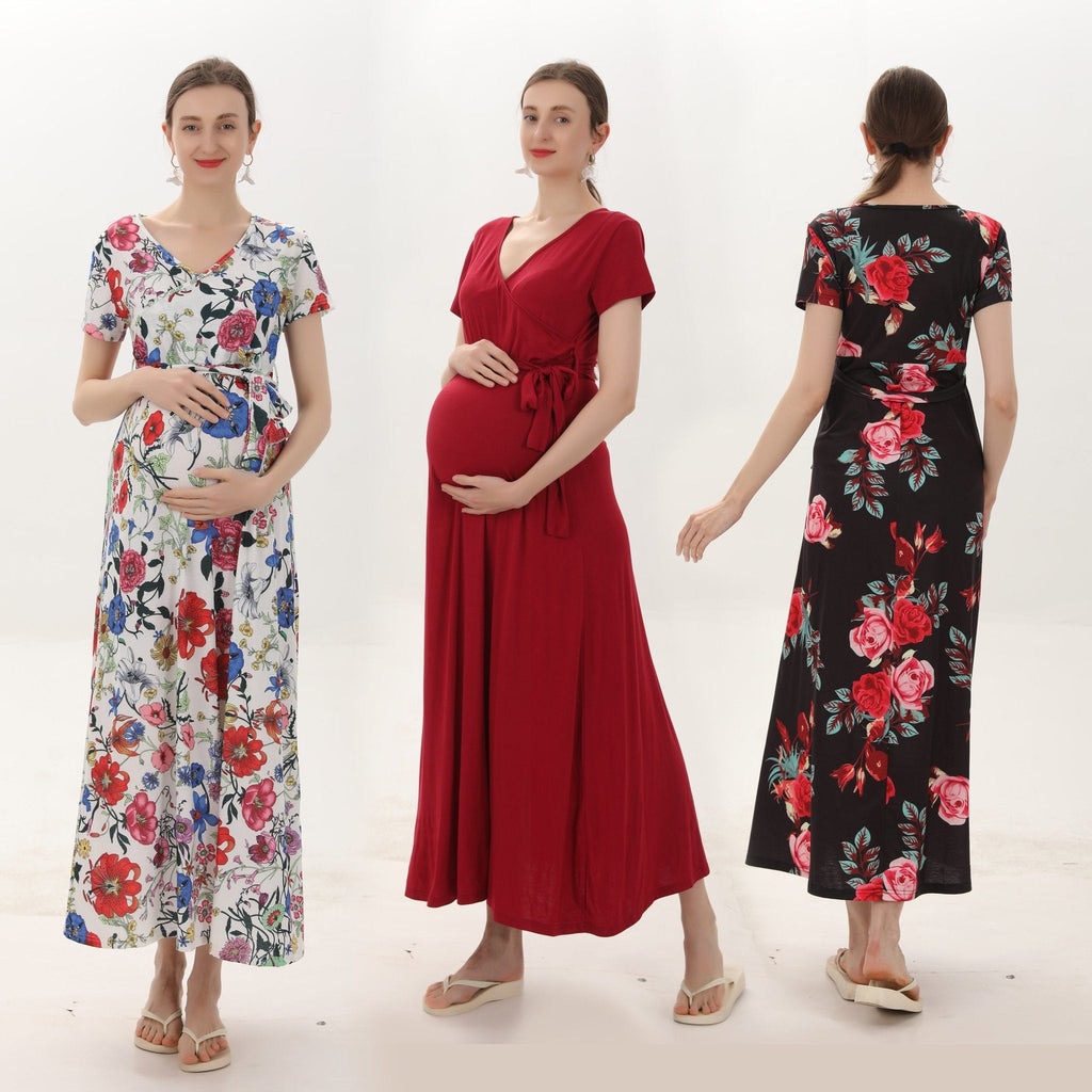 Baby Exo Three Style Maternity V-Neck Summer Dresses - Maternity Summer Dresses-msd2204069-purered/s