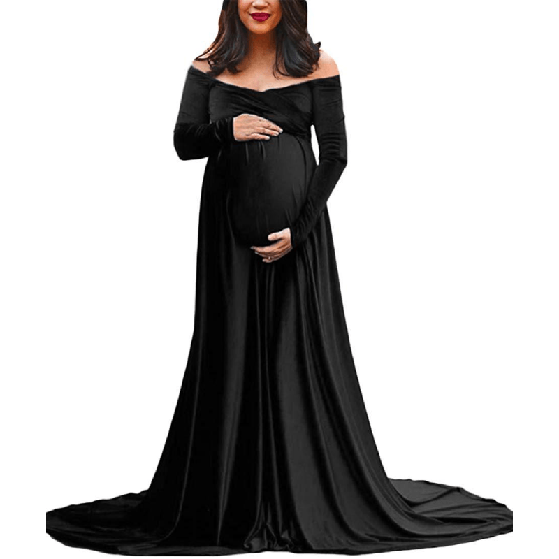 Velvet Long Maternity Dress with Sleeves, Black / S Velvet Long Maternity Dress with Sleeves, Black / S