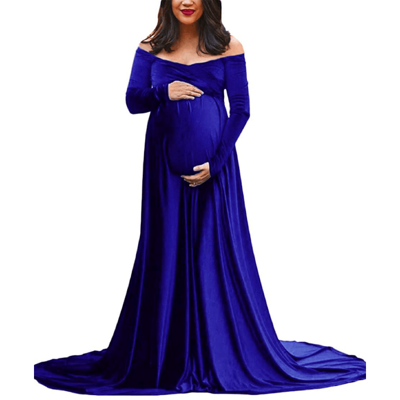 Velvet Long Maternity Dress With Sleeves, Blue / S Velvet Long Maternity Dress With Sleeves, Blue / S