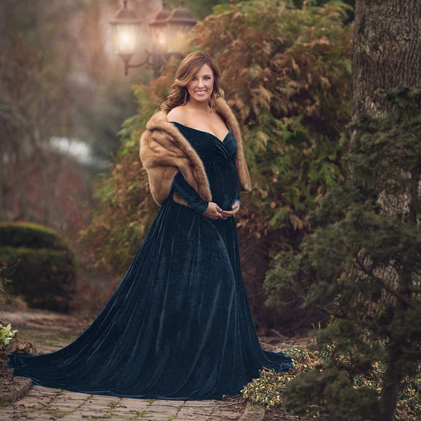 Baby Exo Velvet Long Maternity Dress With Sleeves - Maternity Wedding Dress-mwd2204132-blue/s
