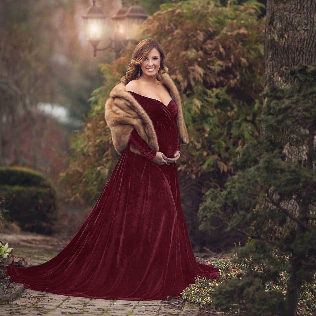Velvet Long Maternity Dress with Sleeves, Wine Red / L Velvet Long Maternity Dress with Sleeves, Wine Red / L