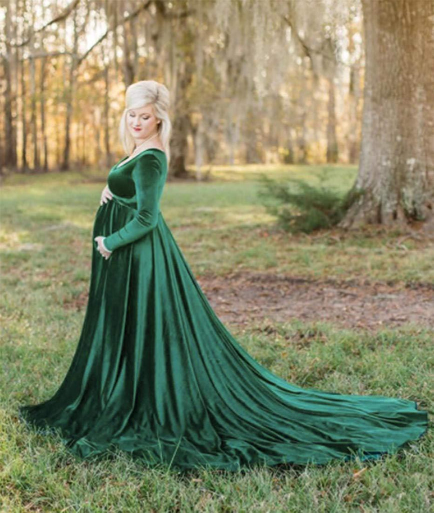 Velvet Long Maternity Dress With Sleeves, Blue / S Velvet Long Maternity Dress With Sleeves, Blue / S